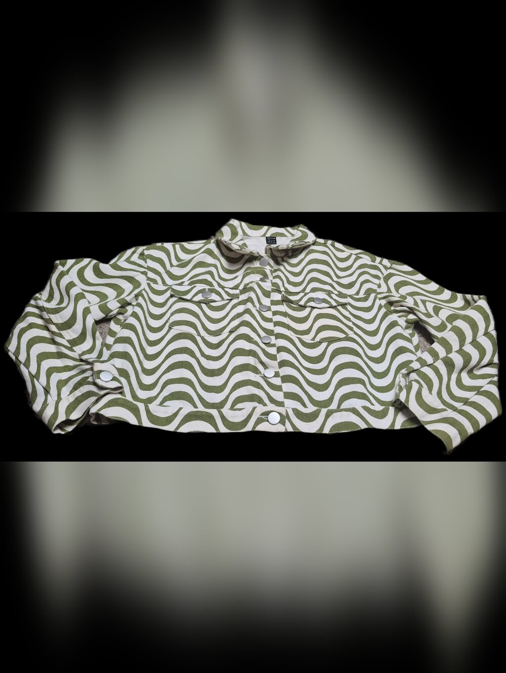 SHEIN Cropped Denim Jacket Size S Small Green White Swirl Wave Pattern Retro Y2K